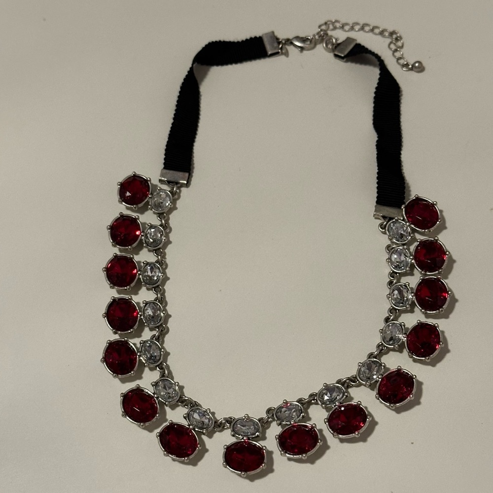 NRT Made for Avon Red and Clear Stone Silver Toned Black Ribbon Choker Necklace